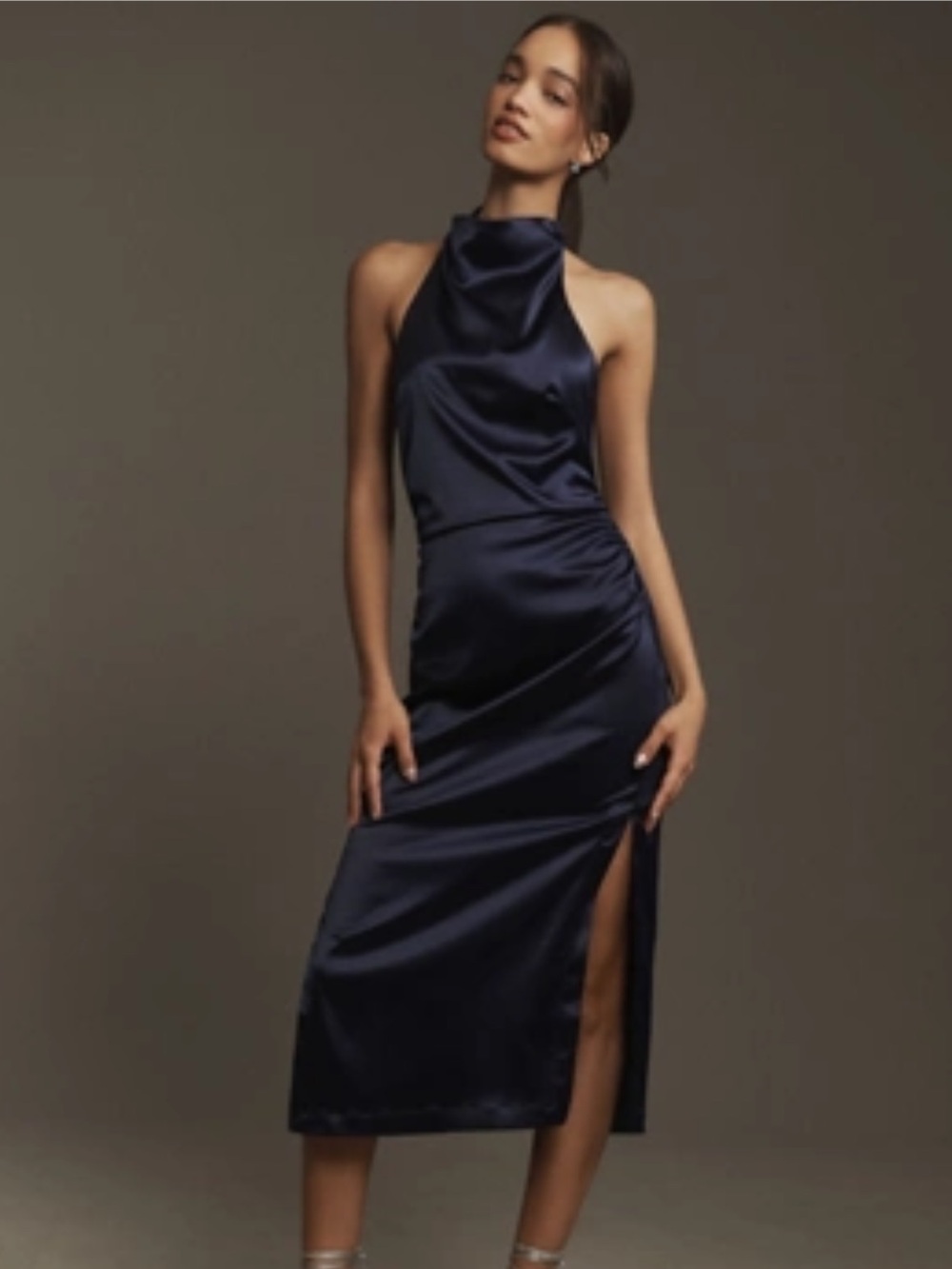 Anthropologie Navy Satin Halter Midi Dress